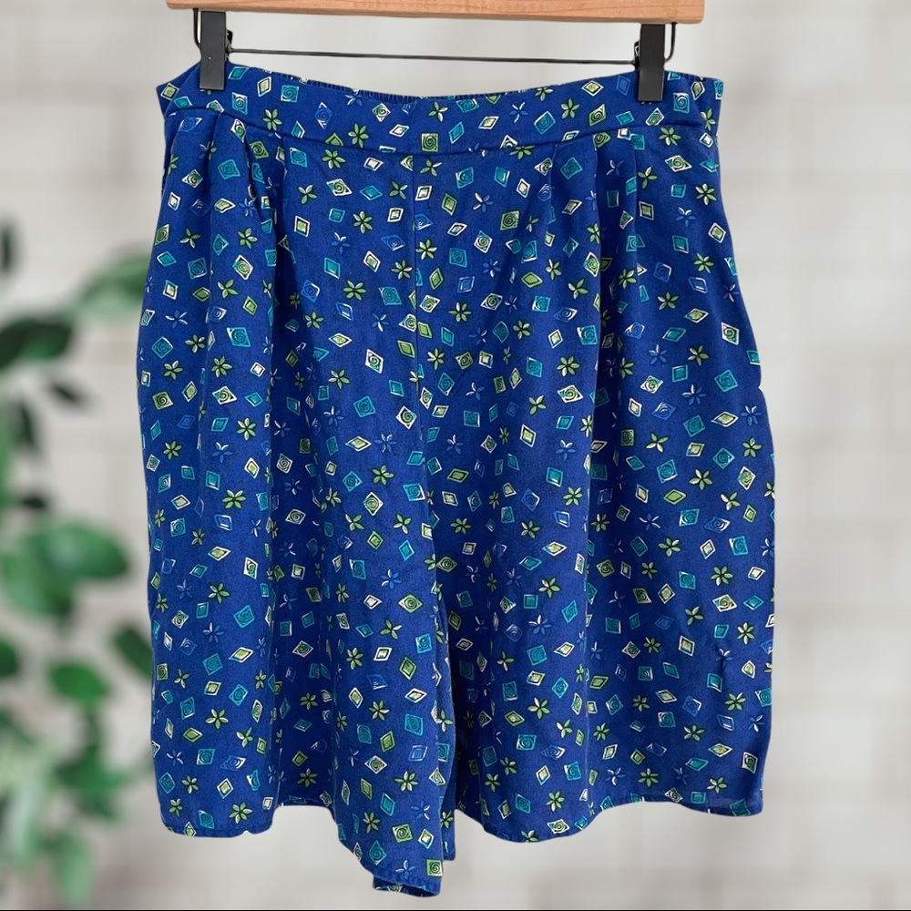 Vintage Bobbie Brook High Waisted Wide Leg Blue Floral Geometric Rayon Shorts ML